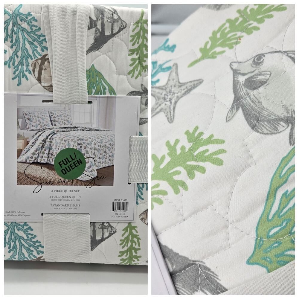 SUN and SEA 3 Pc QUEEN Quilt Set Seashells Fish Corals NEW Ocean Lake Coastal Gr